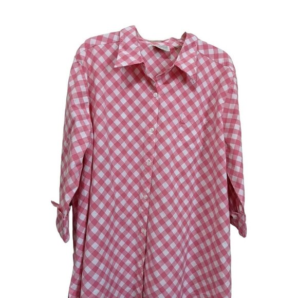 New additions Maternity top pink checks  size XL  cotton blend button up 3/4 sle - Picture 1 of 10